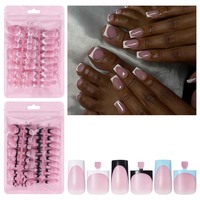 60 faux ongles carrés courts roses à presser, style French Tip, pour pieds et mains, couverture complète, pré-dessinés, pour femmes