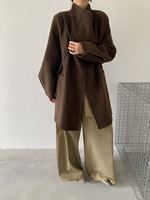 Manteau en laine double face élégant mi-long à col montant pour femme, nouvelle collection automne-hiver, coupe ample avec fente