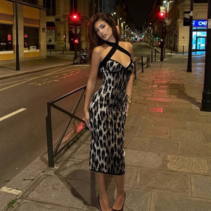 AliExpress Cross-border Moda Donna Nuovo Abito <span class=keywords><strong>Lungo</strong></span> Slim-fit Stile Vintage Trendy con Stampa Leopardata e Scollo all'Americana Effetto Snellente - Product Image 3