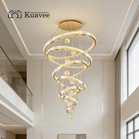 Lustre suspendu à 5 anneaux de grande taille pour projet de décoration d'hôtel KUAVEE, hauteur réglable, en cristal, pour plafond haut