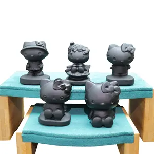 Kenny cristales venta al por mayor Gran oferta piedra de obsidiana Natural Hello Kitty mirando estatua juguetes dibujos animados tallado para niñas regalo