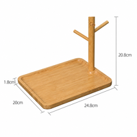 Support en bambou naturel pour tasses avec plateau et 3 crochets, organisateur de comptoir de cuisine, personnalisable OEM, vente en gros