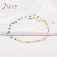Collier ras du cou unisexe délicat à maillons géométriques avec perles de turquoise irrégulières, breloques en acier inoxydable plaqué rhodium, écologique
