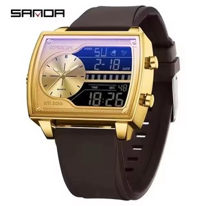 Montre-bracelet numérique à quartz multifonction pour homme Sanda 6163, de luxe, avec 3 fuseaux horaires, cadran carré, bracelet en acier/silicone/cuir - Product Image 1