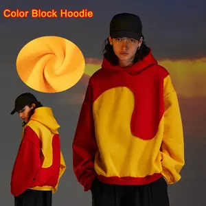 ZS New Style American Mens Sweater Red and Yellow Stitching Cropped Hoodie No Drawstring Sweatshirts Custom Color Block Hoodies