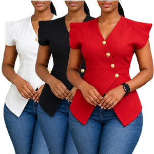 D3376 Camicie Estive Personalizzate per Donne, Eleganti Bluse con Maniche Corte a <span class=keywords><strong>Volant</strong></span>, <span class=keywords><strong>Colletto</strong></span> a V, Slim Fit, Top da Ufficio per Signore - Product Image 1