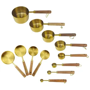 High Quality Kitchen Wooden Handle Stainless Steel Gold 8pcs Measuring Cups And Spoons Set with Scale