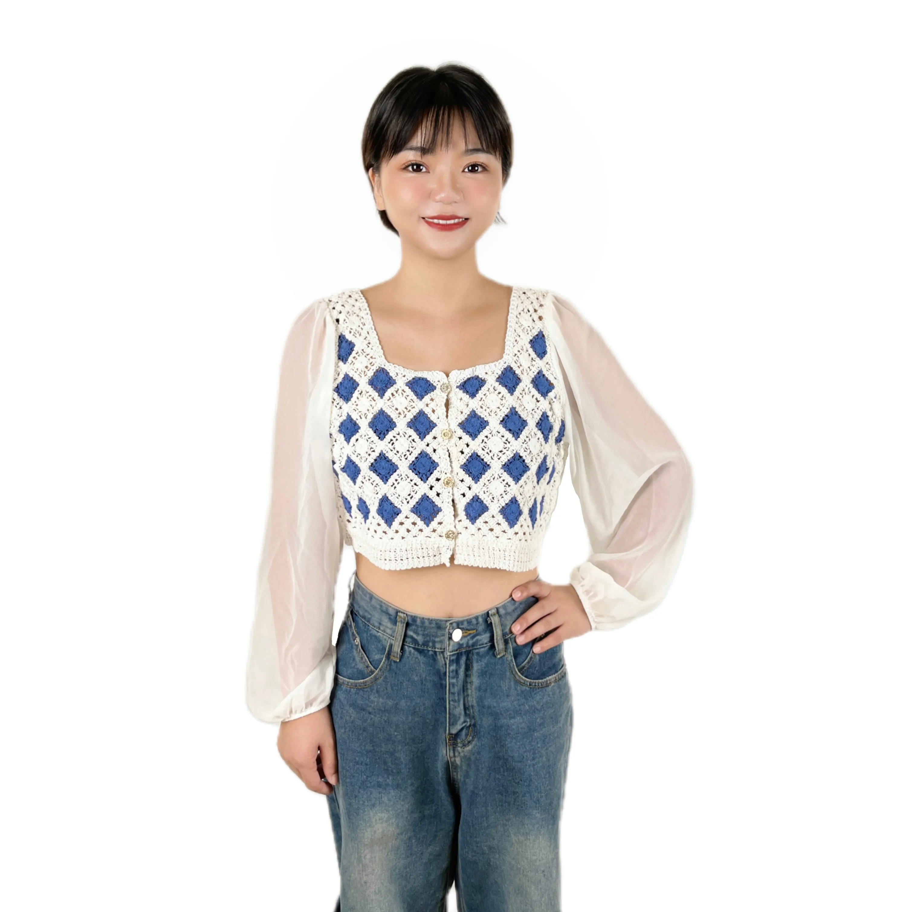 Customization new design women tank tops summer long sleeve square pattern crochet tops for girls
