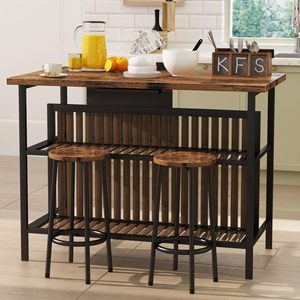 Mesa de Desayuno Industrial de Madera SENYU con 2 Taburetes, Isla de Cocina con Estante de Almacenamiento, Acabado Antiguo, Diseño Multifuncional - Product Image 3