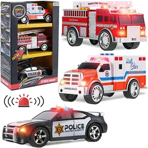 3 in 1 acil kurtarma araçları çocuklar oyuncak arabalar Playset ambulans itfaiye kamyonu ve polis arabası ses ve ışık ile