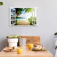 Tableau mural 3D abstrait effet fenêtre, Paysage marin avec palmiers, Décoration murale intérieure sur toile