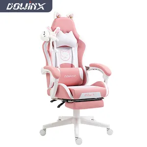 粉色可爱游戏椅，带猫耳人体工学电脑椅，带搁脚凳，可倾斜电脑游戏椅，适合少女儿童
