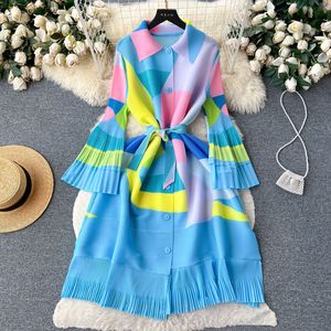 Robe midi plissée vintage pour femme, imprimé géométrique abstrait, robe chemise à manches longues avec ceinture, robes décontractées amples pour l'été - Product Image 4