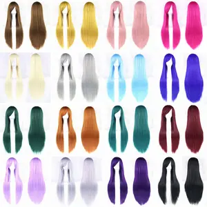 Оптовая продажа, дешевый синтетический парик с челкой для косплея аниме вечеринки, розовый, желтый, фиолетовый, черный, синий, серебристый, длиной 80 см