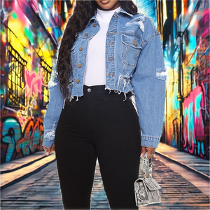 Nouvelle Veste Courte en Jean Vintage pour Femme 2025 – Effet Usé, Ourlet Brut, Boutons sur le Devant – Manteau en Jean Bleu Vintage Automne Hiver - Product Image 2