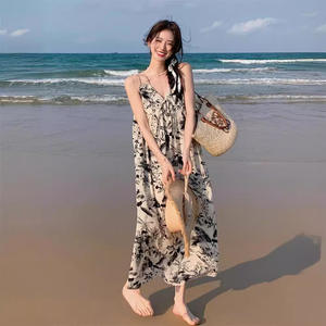 2025 nuovo abito da spiaggia floreale con spalline sottili francesi per <span class=keywords><strong>donna</strong></span> elegante estate capispalla di alta qualità pittura a inchiostro Texture Casual - Product Image 1