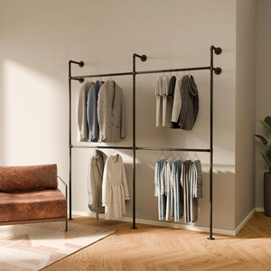Porte-vêtements mural industriel classique en métal, support de tuyau, barre de suspension pour vêtements, gain de place, armoire, salon - Product Image 4