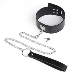Black Leather <b>Bondage</b> <b>Collar</b> With Chain And Lead For Adult Use Forced Restraint Gear - Product Image 2