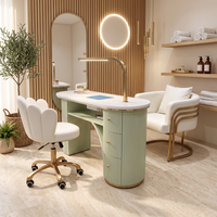 Table de manucure professionnelle avec aspirateur de poussière, plateau en marbre blanc cannelé bleu, finition dorée, mobilier de salon de manucure avec chaise, OEM