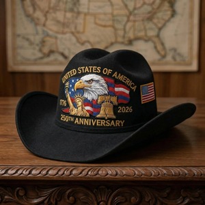 Chapeau de cowboy vintage style western USA, broderie Aigle Cloche de la Liberté, drapeau, 250e anniversaire, style patriotique, casquette de cowboy en feutre - Product Image 3