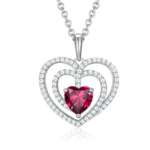 Fashion Valentine's Gift 925 Sterling Silver Large Ruby Interlocking Heart Pendant Necklaces for Girlfriend
