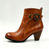 Bottes courtes à bride métallique florale de style antique, conception OEM, pour femmes, imperméables, à bout rond, en cuir, hauteur cheville