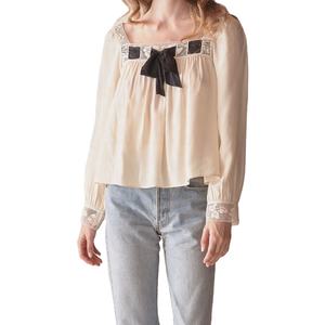 Blusa Vintage de Primavera para Mujer, Transpirable, con Cuello Cuadrado, Adorno de Lazo Negro, Manga Larga, Estilo Campesino, ODM - Product Image 1