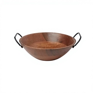 Tazón de madera hecho a mano para servir postres con asas de hierro, tazón redondo de la más alta calidad para alimentos de Home Arts - Product Image 1