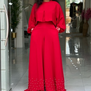 Conjunto de 2 Piezas para Mujer: Blusa de Cuello Redondo con Mangas Irregulares y Pantalones Anchos con Cuentas - Product Image 2