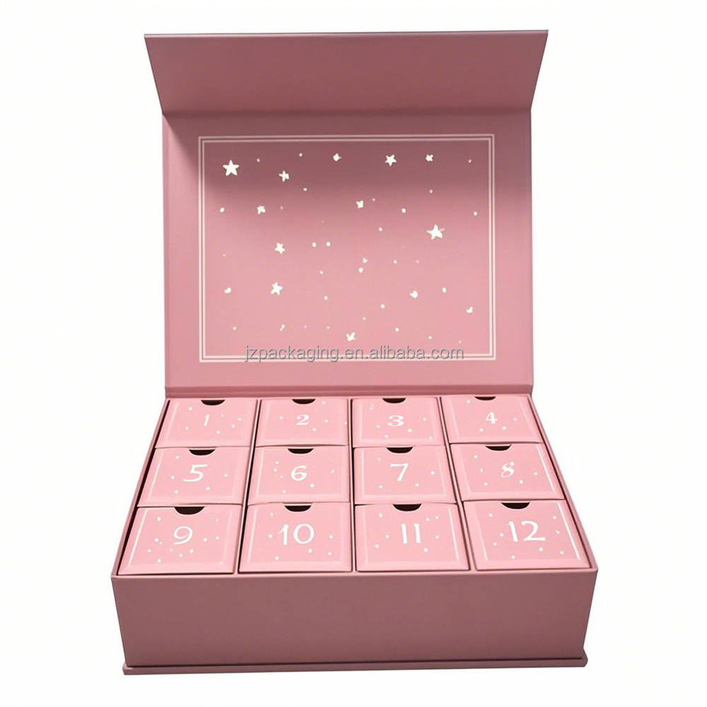 Empty Advent Calendar 12 Drawers Pink Customized Printing Matt Lamination Paperboard Gift Box Luxury Packaging