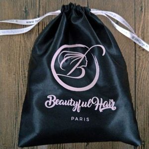 Bolsa de Regalo Personalizada de Lujo, Negra, Gruesa, de Satén de Seda Ecológica, con Cordón, para Extensiones de Cabello, con Impresión de Logotipo - Product Image 4