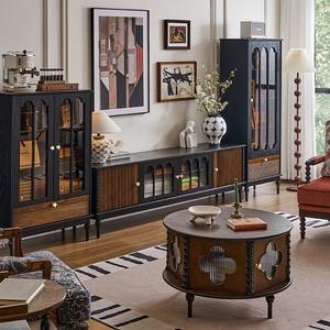 Mueble de TV de madera maciza de estilo retro francés, unidad de almacenamiento multifuncional con mesa de centro y mueble auxiliar para sala de estar - Product Image 1