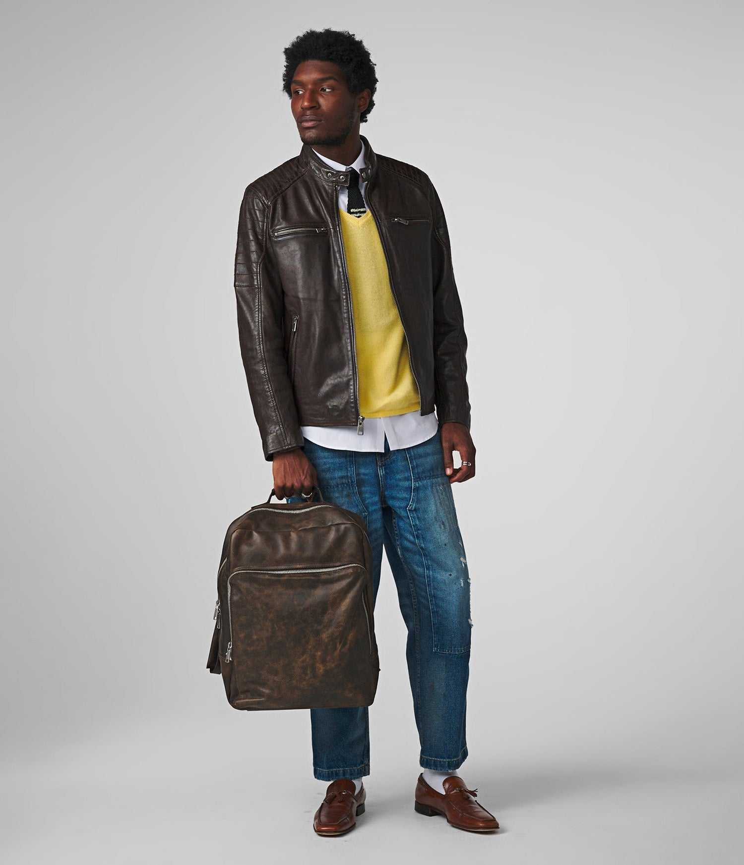 Genuine Cow Skin Brown Leather Jacket for Men Slim Fit Design with