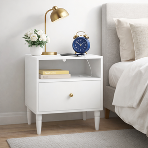 Modern White Nightstand With <b>Drawer</b> And Open Shelf Gold Knob Solid Wood Legs Small Bedside Table <b>For</b> Bedroom - Product Image 1