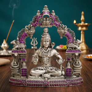 Arquitectónicamente Tallado Arcángel Shiva de Plata Pura en Pose Meditativa, Ídolo Religioso Púrpura Vibrante para Decoración de Templo y Hogar - Product Image 3