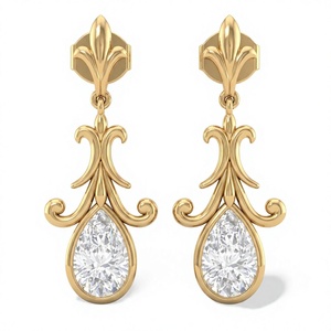 Boucles d'oreilles pendantes Fleur de Lys vintage en or 14 carats avec diamant poire de laboratoire, serties clos, de luxe, pour femme - Product Image 1