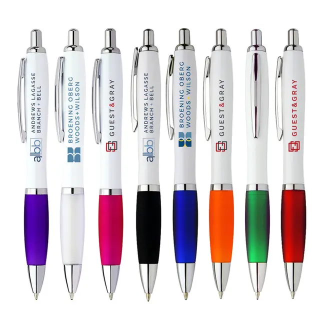 En çok satan beyaz vücut özel logo baskı ve rahat kauçuk kavrama tükenmez kalem ile özelleştirilmiş plastik tükenmez kalem