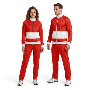 Survêtement unisexe en polaire écologique rouge et blanc, coupe ajustée, respirant, à manches longues, avec capuche à cordon de serrage, style sportif - Product Image 1
