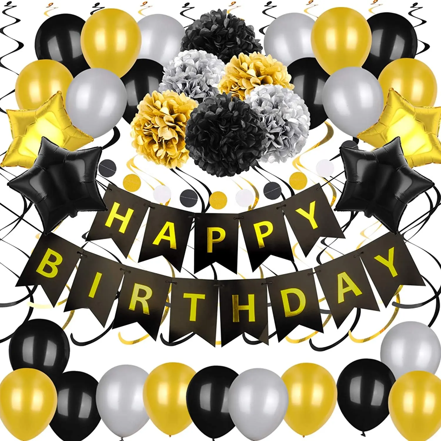 ป้าย Happy Birthday 54ชิ้นสีดำและสีทอง,ป้ายกระดาษฟอยล์ลูกโป่งปอมและเกลียวแขวนสำหรับตกแต่งงานเลี้ยงวันเกิดของเด็กผู้ชาย