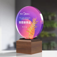 Trophée de plaque en cristal circulaire avec impression couleur HBL, trophée en bois avec sublimation, plaques de trophée en bois avec base en bois