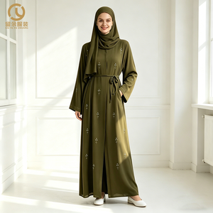 Abaya Ouverte en Mousseline <span class=keywords><strong>Kaki</strong></span> avec Fines Broderies Florales Style Décontracté Taille Naturelle Respirante Antistatique Écologique - Product Image 1