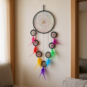 Acchiappasogni 18x70cm con Piume Arcobaleno, Decorazione da Parete per la Casa - Product Image 1