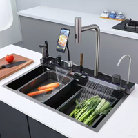 Évier de cuisine intelligent moderne en acier inoxydable nano multifonctionnel avec cascade et support pour téléphone