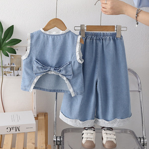 Conjunto de <span class=keywords><strong>dos</strong></span> piezas de pantalones de manga corta a rayas de verano para niñas, ropa informal delgada de moda para niños, uso diario - Product Image 1