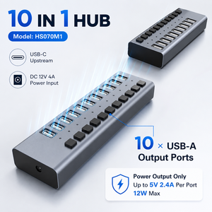 10-Port Type C <strong>USB</strong> <strong>Charging</strong> <strong>Station</strong> 120W 10x 5V/2.4A (12W) PD Ports Individual Switches Aluminum Housing in Stock - Product Image 1