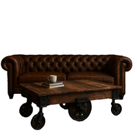 Table basse en bois vintage industrielle avec roues en fer noir, table à thé rustique mobile pour salon