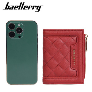กระเป๋าสตางค์ใบเล็กสำหรับผู้หญิง Baellerry สีแดง แบบเย็บลายตาราง พร้อมซิปใส่เหรียญ ใช้ได้ทุกวัน - Product Image 3