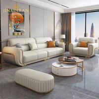 Cremefarbenes Mikrofaser-Leder-Sofa-Set mit Sessel, Ottoman, Diamant-Steppung an den Armlehnen und Edelstahlrahmen für Wohnzimmer und Zuhause