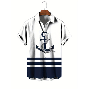 Camicia Estiva da Uomo, Moda Stile Marinaio, Stampa a Maniche Corte, T-shirt con Bottoni, Top Casual Oversize, <span class=keywords><strong>Abbigliamento</strong></span> Maschile - Product Image 2