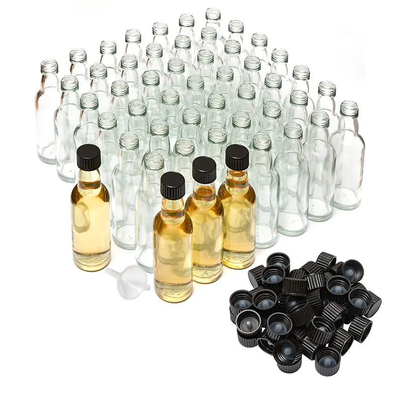 Hot Selling Empty 50 Pack Mini Liquor Bottle with Lid and Funnel Reusable Glass Tasters for Juice Ginger Shots Whiskey